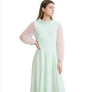 Vintage Green 70s Chiffon long bell sleeve  formal dress gown plus mod XL